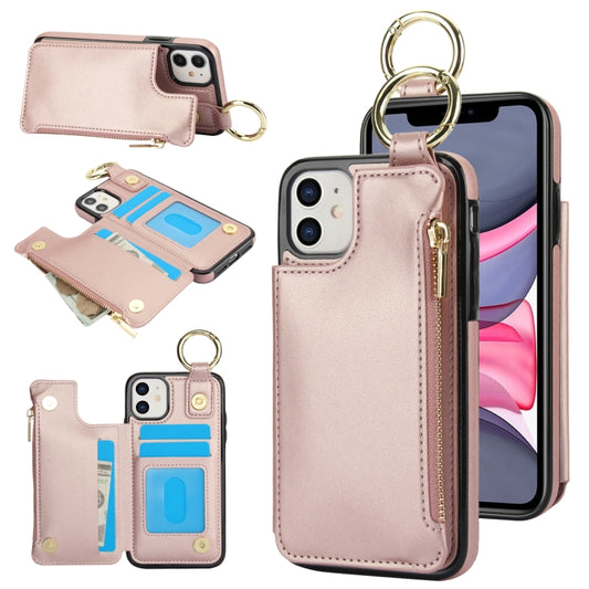 For iPhone 11 RFlD Anti-theft Double Buckle Ring Zipper Card Phone Case(Rose Gold) - iPhone 11 Cases by buy2fix | Online Shopping UK | buy2fix