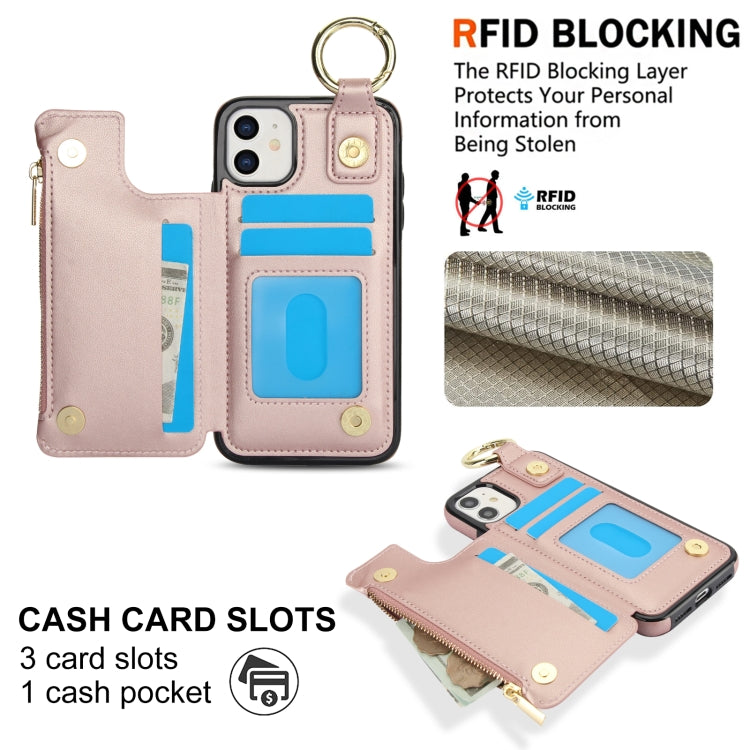 For iPhone 11 RFlD Anti-theft Double Buckle Ring Zipper Card Phone Case(Rose Gold) - iPhone 11 Cases by buy2fix | Online Shopping UK | buy2fix