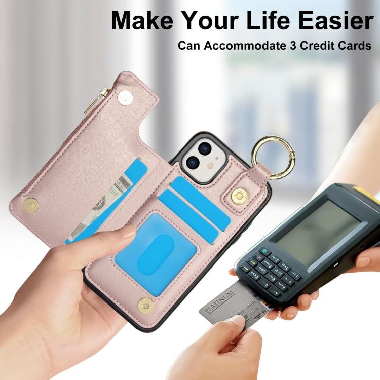 For iPhone 11 RFlD Anti-theft Double Buckle Ring Zipper Card Phone Case(Rose Gold) - iPhone 11 Cases by buy2fix | Online Shopping UK | buy2fix