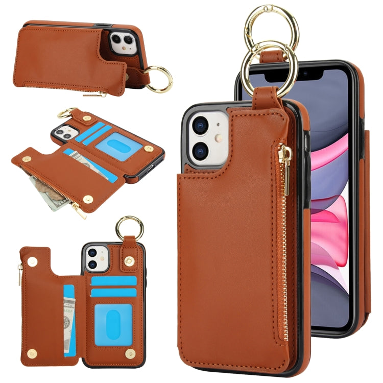 For iPhone 11 RFlD Anti-theft Double Buckle Ring Zipper Card Phone Case(Brown) - iPhone 11 Cases by buy2fix | Online Shopping UK | buy2fix