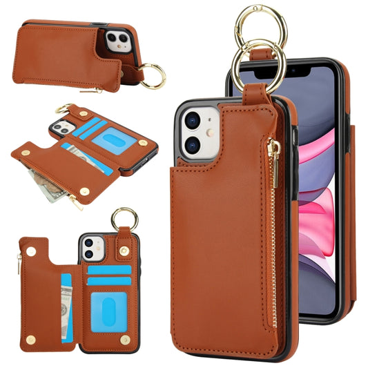 For iPhone 11 RFlD Anti-theft Double Buckle Ring Zipper Card Phone Case(Brown) - iPhone 11 Cases by buy2fix | Online Shopping UK | buy2fix