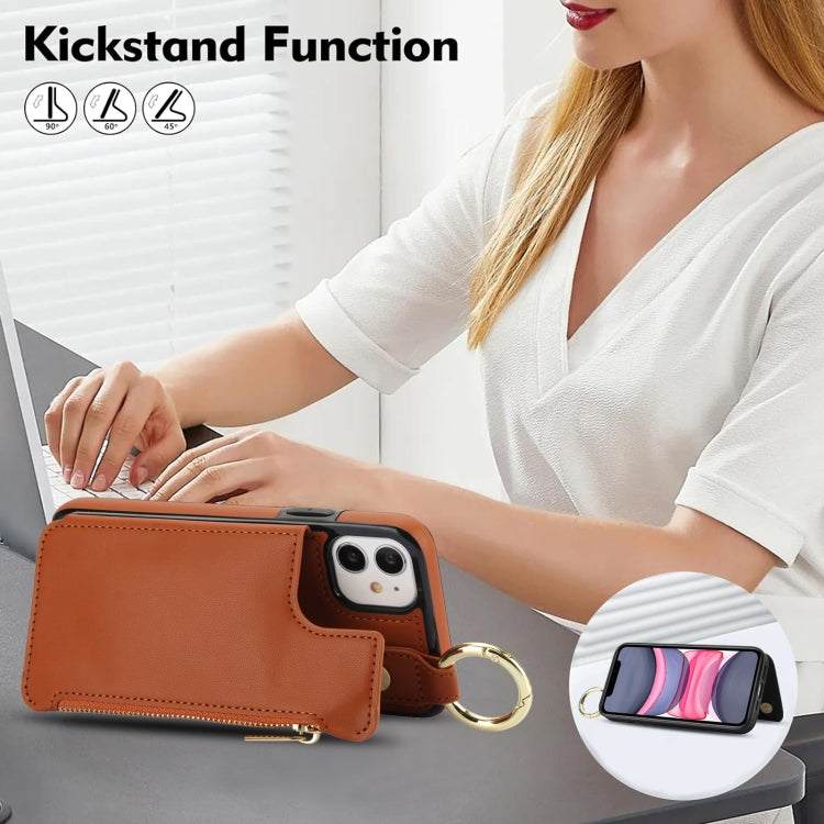 For iPhone 11 RFlD Anti-theft Double Buckle Ring Zipper Card Phone Case(Brown) - iPhone 11 Cases by buy2fix | Online Shopping UK | buy2fix