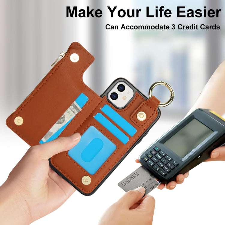 For iPhone 11 RFlD Anti-theft Double Buckle Ring Zipper Card Phone Case(Brown) - iPhone 11 Cases by buy2fix | Online Shopping UK | buy2fix