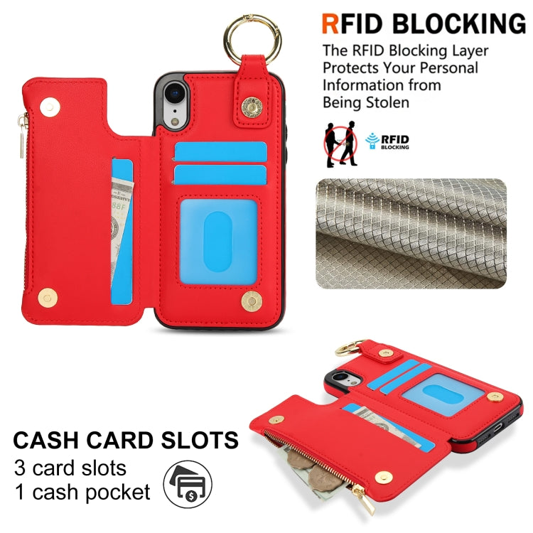 For iPhone XR RFlD Anti-theft Double Buckle Ring Zipper Card Phone Case(Red) - More iPhone Cases by buy2fix | Online Shopping UK | buy2fix