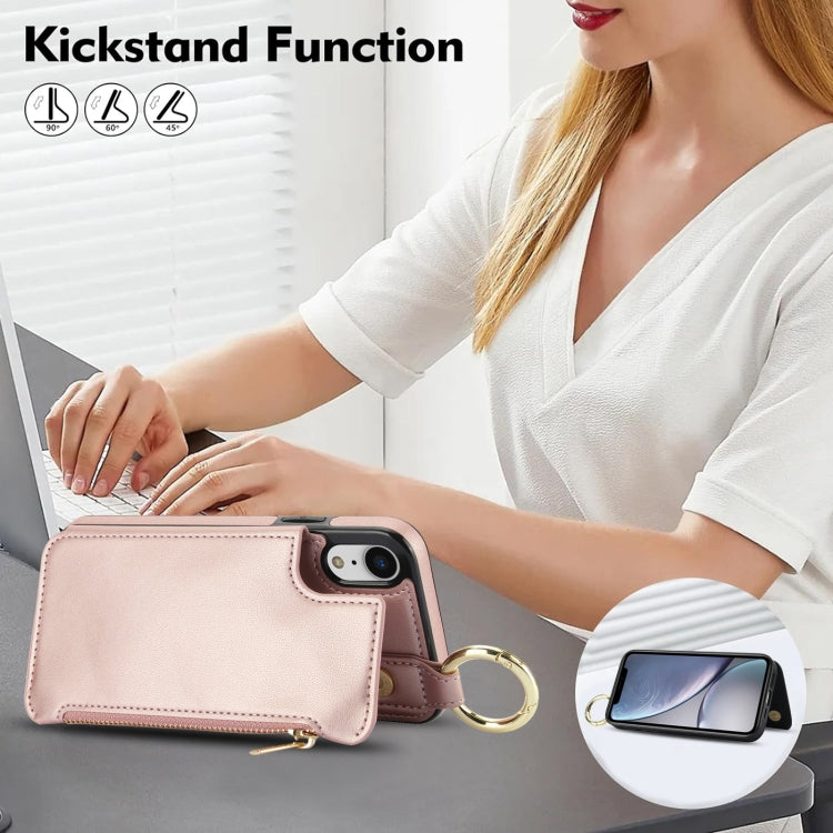 For iPhone XR RFlD Anti-theft Double Buckle Ring Zipper Card Phone Case(Rose Gold) - More iPhone Cases by buy2fix | Online Shopping UK | buy2fix