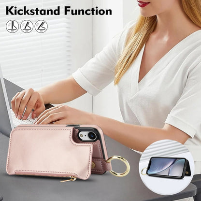For iPhone XR RFlD Anti-theft Double Buckle Ring Zipper Card Phone Case(Rose Gold) - More iPhone Cases by buy2fix | Online Shopping UK | buy2fix
