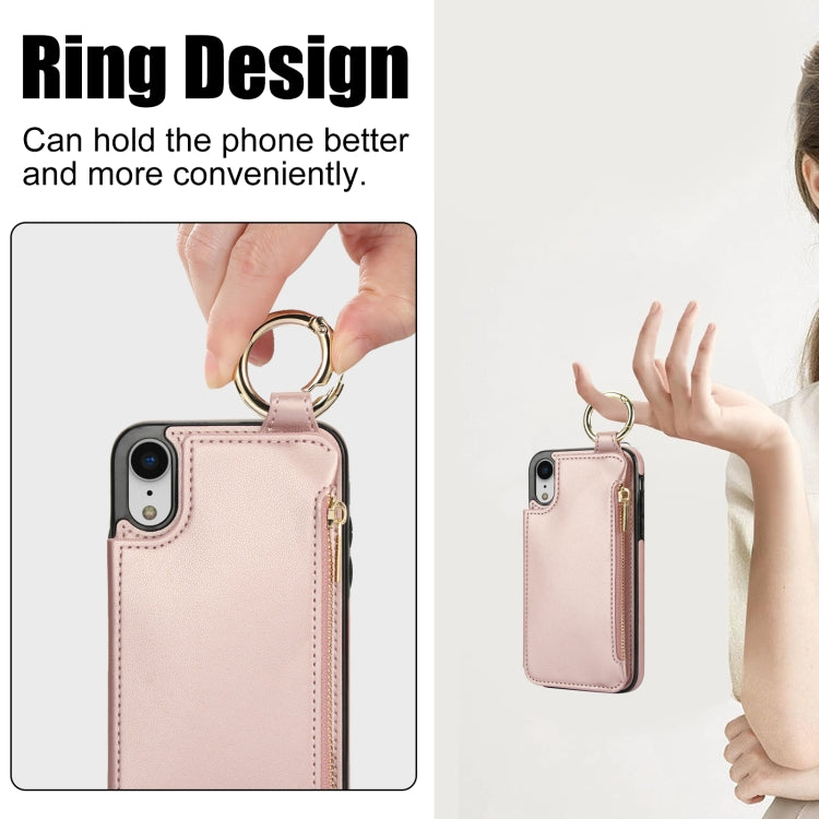 For iPhone XR RFlD Anti-theft Double Buckle Ring Zipper Card Phone Case(Rose Gold) - More iPhone Cases by buy2fix | Online Shopping UK | buy2fix