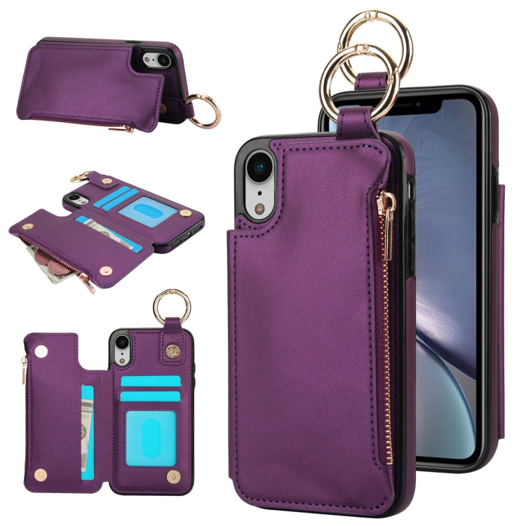 For iPhone XR RFlD Anti-theft Double Buckle Ring Zipper Card Phone Case(Dark Purple) - More iPhone Cases by buy2fix | Online Shopping UK | buy2fix