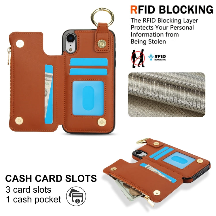 For iPhone XR RFlD Anti-theft Double Buckle Ring Zipper Card Phone Case(Brown) - More iPhone Cases by buy2fix | Online Shopping UK | buy2fix