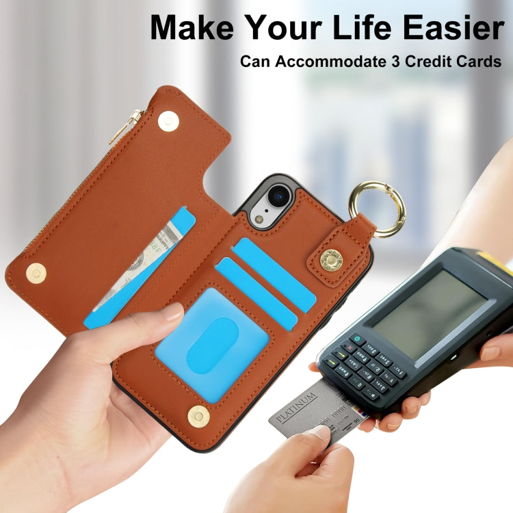 For iPhone XR RFlD Anti-theft Double Buckle Ring Zipper Card Phone Case(Brown) - More iPhone Cases by buy2fix | Online Shopping UK | buy2fix