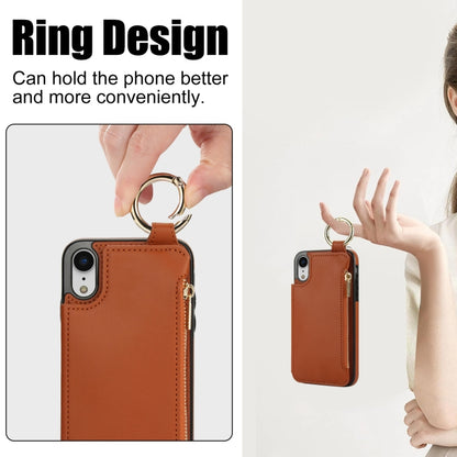 For iPhone XR RFlD Anti-theft Double Buckle Ring Zipper Card Phone Case(Brown) - More iPhone Cases by buy2fix | Online Shopping UK | buy2fix