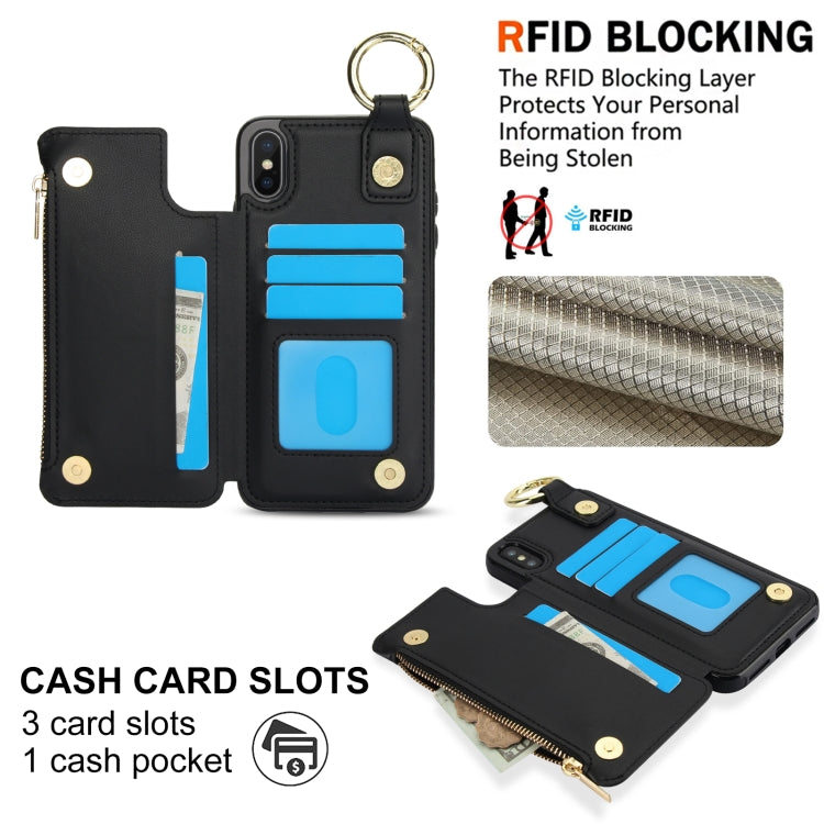For iPhone XS Max RFlD Anti-theft Double Buckle Ring Zipper Card Phone Case(Black) - More iPhone Cases by buy2fix | Online Shopping UK | buy2fix