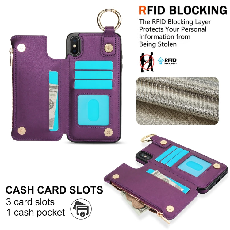 For iPhone XS Max RFlD Anti-theft Double Buckle Ring Zipper Card Phone Case(Dark Purple) - More iPhone Cases by buy2fix | Online Shopping UK | buy2fix