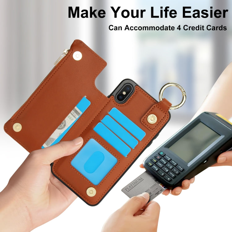 For iPhone XS Max RFlD Anti-theft Double Buckle Ring Zipper Card Phone Case(Brown) - More iPhone Cases by buy2fix | Online Shopping UK | buy2fix