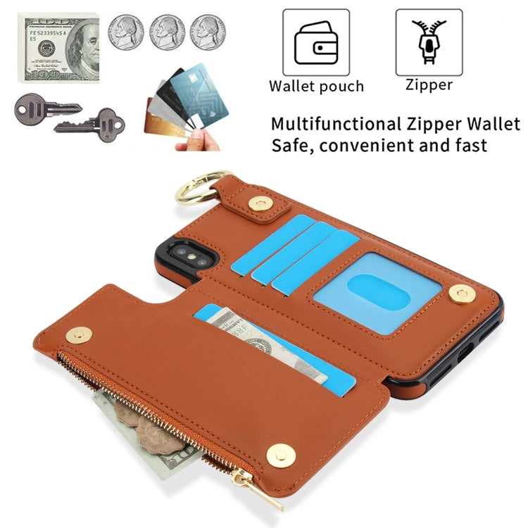 For iPhone XS Max RFlD Anti-theft Double Buckle Ring Zipper Card Phone Case(Brown) - More iPhone Cases by buy2fix | Online Shopping UK | buy2fix