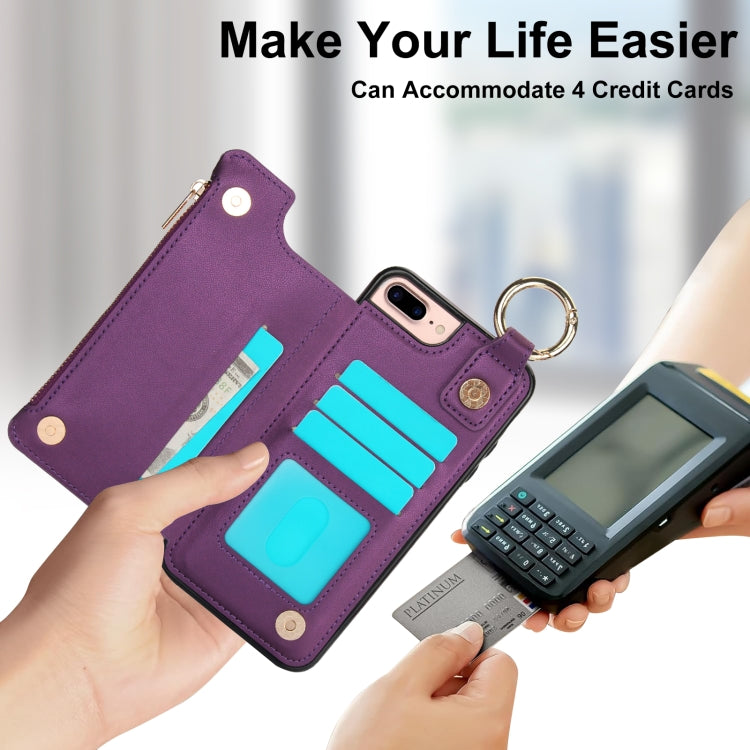 For iPhone 8 Plus / 7 Plus RFlD Anti-theft Double Buckle Ring Zipper Card Phone Case(Dark Purple) - More iPhone Cases by buy2fix | Online Shopping UK | buy2fix