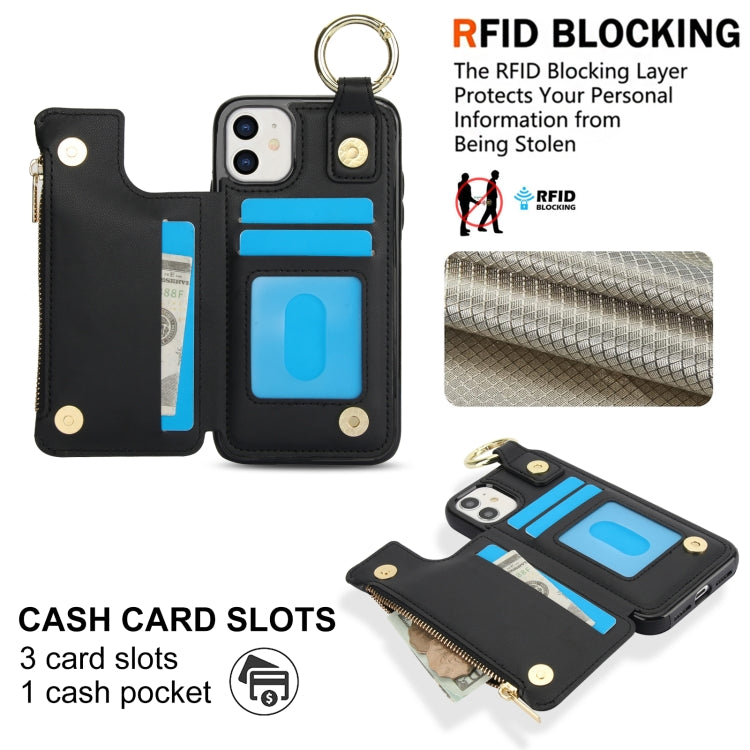 For iPhone 12 RFlD Anti-theft Double Buckle Ring Zipper Card Phone Case(Black) - iPhone 12 Pro Max Cases by buy2fix | Online Shopping UK | buy2fix