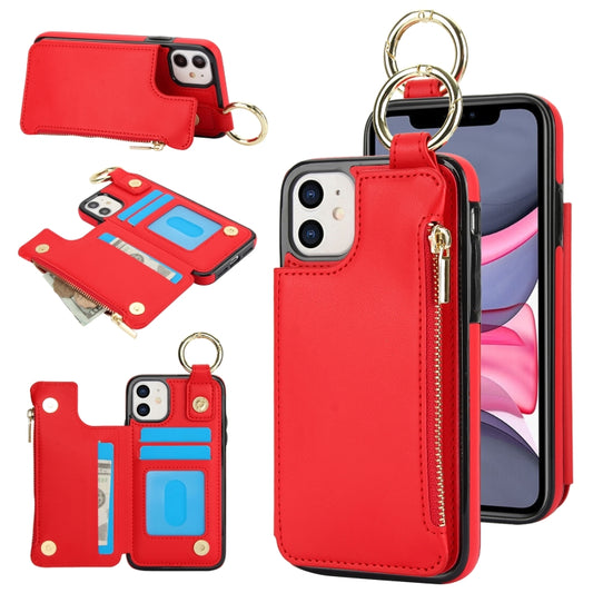 For iPhone 12 RFlD Anti-theft Double Buckle Ring Zipper Card Phone Case(Red) - iPhone 12 Pro Max Cases by buy2fix | Online Shopping UK | buy2fix