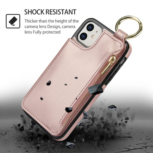 For iPhone 12 RFlD Anti-theft Double Buckle Ring Zipper Card Phone Case(Rose Gold) - iPhone 12 Pro Max Cases by buy2fix | Online Shopping UK | buy2fix