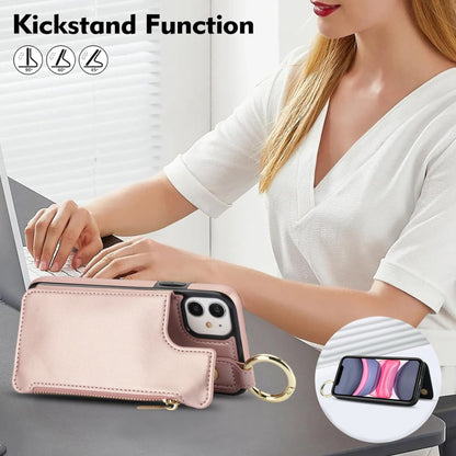 For iPhone 12 RFlD Anti-theft Double Buckle Ring Zipper Card Phone Case(Rose Gold) - iPhone 12 Pro Max Cases by buy2fix | Online Shopping UK | buy2fix