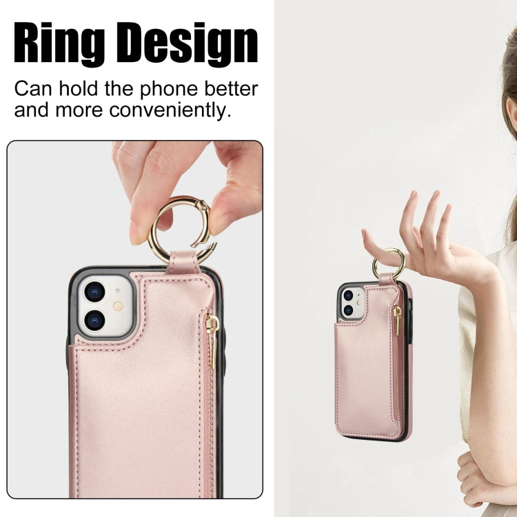 For iPhone 12 RFlD Anti-theft Double Buckle Ring Zipper Card Phone Case(Rose Gold) - iPhone 12 Pro Max Cases by buy2fix | Online Shopping UK | buy2fix