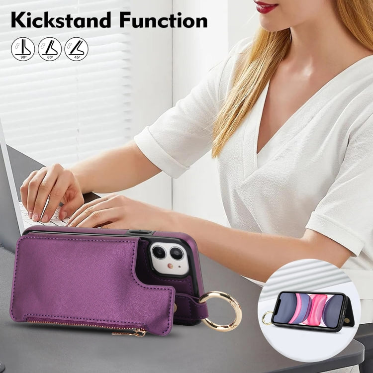 For iPhone 12 RFlD Anti-theft Double Buckle Ring Zipper Card Phone Case(Dark Purple) - iPhone 12 Pro Max Cases by buy2fix | Online Shopping UK | buy2fix