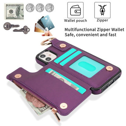 For iPhone 12 RFlD Anti-theft Double Buckle Ring Zipper Card Phone Case(Dark Purple) - iPhone 12 Pro Max Cases by buy2fix | Online Shopping UK | buy2fix