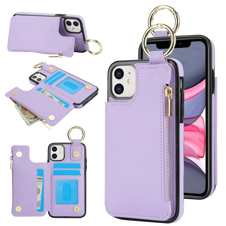 For iPhone 12 RFlD Anti-theft Double Buckle Ring Zipper Card Phone Case(Purple) - iPhone 12 Pro Max Cases by buy2fix | Online Shopping UK | buy2fix