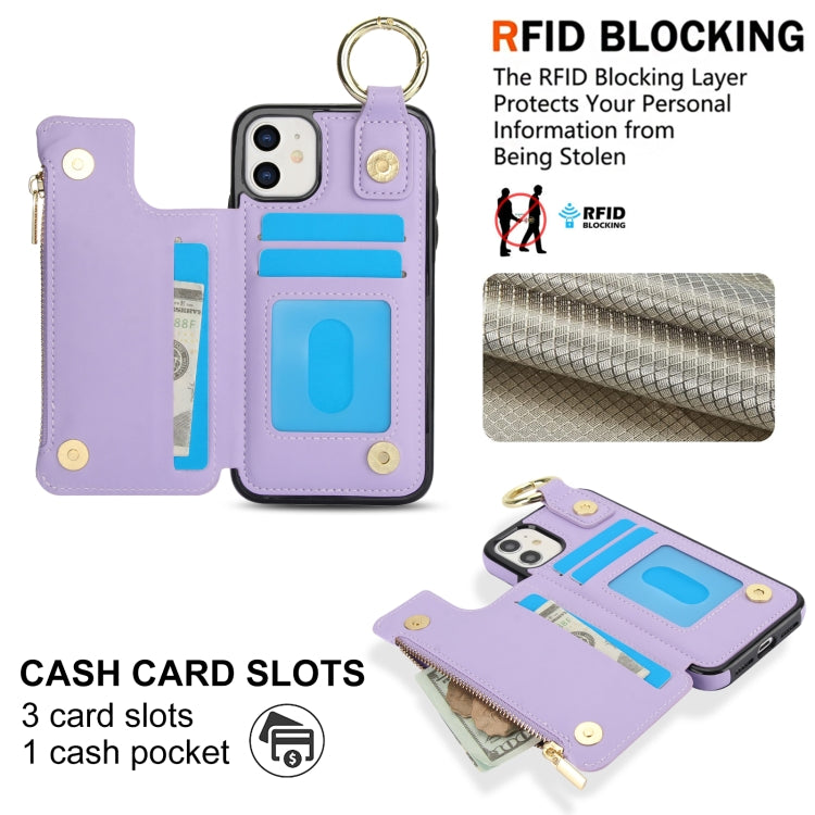 For iPhone 12 RFlD Anti-theft Double Buckle Ring Zipper Card Phone Case(Purple) - iPhone 12 Pro Max Cases by buy2fix | Online Shopping UK | buy2fix