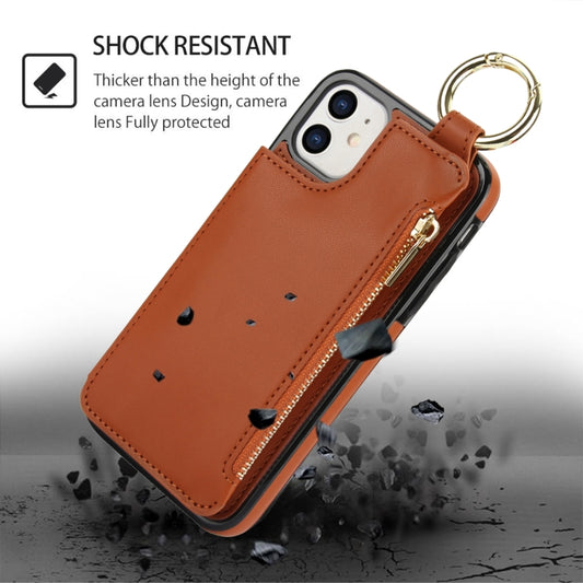 For iPhone 12 RFlD Anti-theft Double Buckle Ring Zipper Card Phone Case(Brown) - iPhone 12 Pro Max Cases by buy2fix | Online Shopping UK | buy2fix