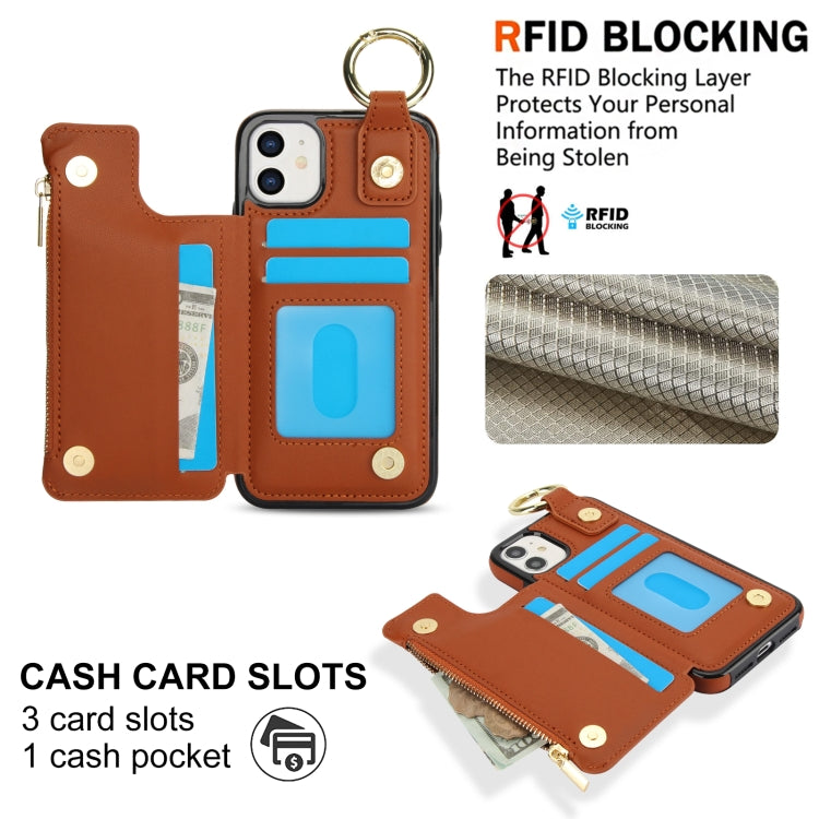 For iPhone 12 RFlD Anti-theft Double Buckle Ring Zipper Card Phone Case(Brown) - iPhone 12 Pro Max Cases by buy2fix | Online Shopping UK | buy2fix