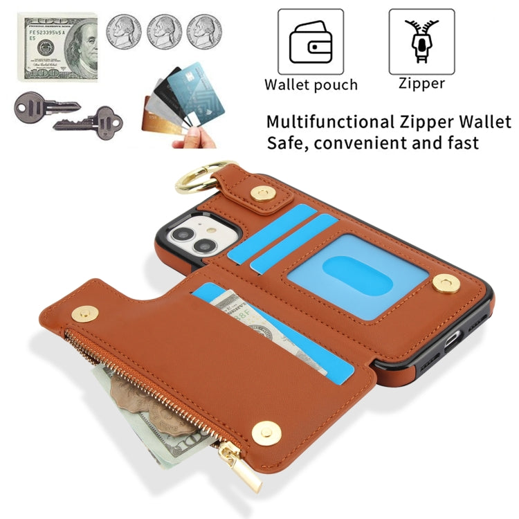 For iPhone 12 RFlD Anti-theft Double Buckle Ring Zipper Card Phone Case(Brown) - iPhone 12 Pro Max Cases by buy2fix | Online Shopping UK | buy2fix