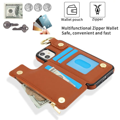 For iPhone 12 RFlD Anti-theft Double Buckle Ring Zipper Card Phone Case(Brown) - iPhone 12 Pro Max Cases by buy2fix | Online Shopping UK | buy2fix