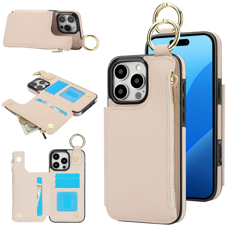 For iPhone 16 Pro Max RFlD Anti-theft Double Buckle Ring Zipper Card Phone Case(White) by buy2fix