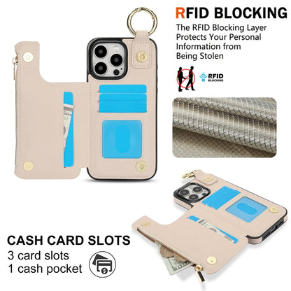 For iPhone 16 Pro Max RFlD Anti-theft Double Buckle Ring Zipper Card Phone Case(White) by buy2fix