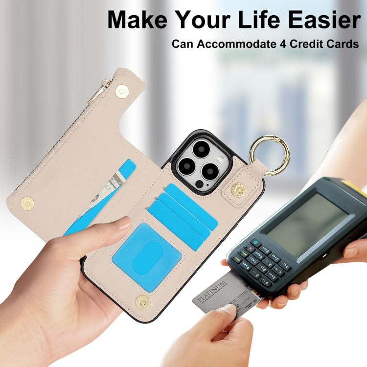 For iPhone 16 Pro Max RFlD Anti-theft Double Buckle Ring Zipper Card Phone Case(White) by buy2fix