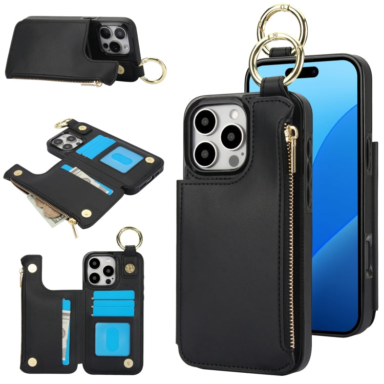 For iPhone 16 Pro Max RFlD Anti-theft Double Buckle Ring Zipper Card Phone Case(Black) - iPhone 16 Pro Max Cases by buy2fix | Online Shopping UK | buy2fix