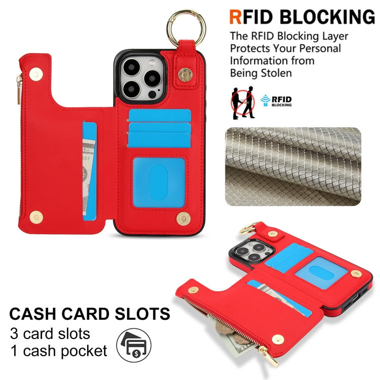 For iPhone 16 Pro Max RFlD Anti-theft Double Buckle Ring Zipper Card Phone Case(Red) - iPhone 16 Pro Max Cases by buy2fix | Online Shopping UK | buy2fix