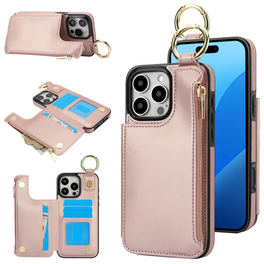 For iPhone 16 Pro Max RFlD Anti-theft Double Buckle Ring Zipper Card Phone Case(Rose Gold) - iPhone 16 Pro Max Cases by buy2fix | Online Shopping UK | buy2fix