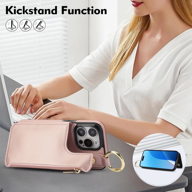 For iPhone 16 Pro Max RFlD Anti-theft Double Buckle Ring Zipper Card Phone Case(Rose Gold) - iPhone 16 Pro Max Cases by buy2fix | Online Shopping UK | buy2fix
