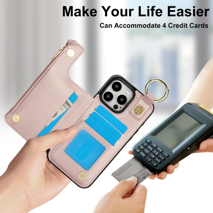 For iPhone 16 Pro Max RFlD Anti-theft Double Buckle Ring Zipper Card Phone Case(Rose Gold) - iPhone 16 Pro Max Cases by buy2fix | Online Shopping UK | buy2fix