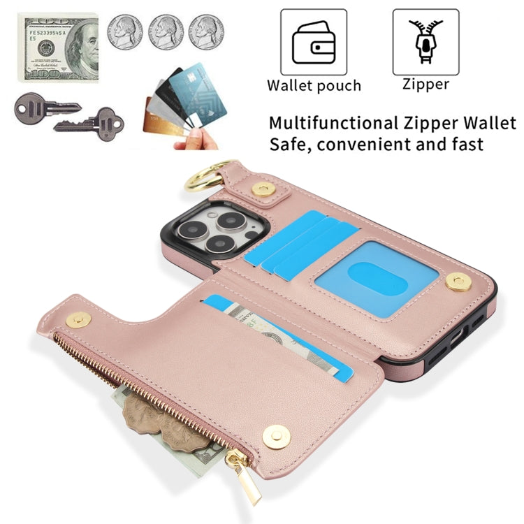 For iPhone 16 Pro Max RFlD Anti-theft Double Buckle Ring Zipper Card Phone Case(Rose Gold) - iPhone 16 Pro Max Cases by buy2fix | Online Shopping UK | buy2fix