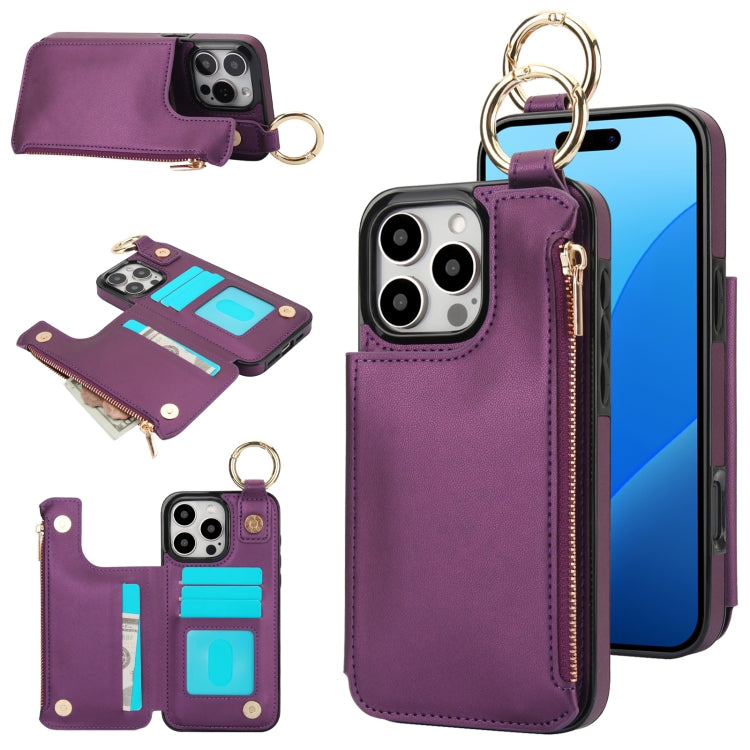 For iPhone 16 Pro Max RFlD Anti-theft Double Buckle Ring Zipper Card Phone Case(Dark Purple) - iPhone 16 Pro Max Cases by buy2fix | Online Shopping UK | buy2fix