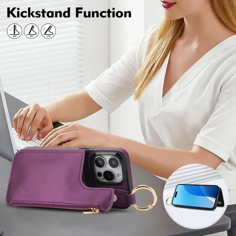 For iPhone 16 Pro Max RFlD Anti-theft Double Buckle Ring Zipper Card Phone Case(Dark Purple) - iPhone 16 Pro Max Cases by buy2fix | Online Shopping UK | buy2fix