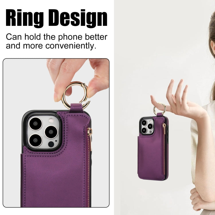 For iPhone 16 Pro Max RFlD Anti-theft Double Buckle Ring Zipper Card Phone Case(Dark Purple) - iPhone 16 Pro Max Cases by buy2fix | Online Shopping UK | buy2fix