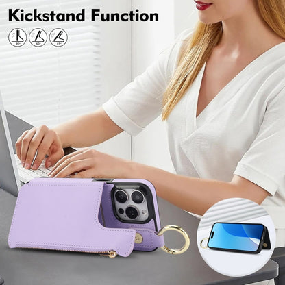 For iPhone 16 Pro Max RFlD Anti-theft Double Buckle Ring Zipper Card Phone Case(Purple) - iPhone 16 Pro Max Cases by buy2fix | Online Shopping UK | buy2fix