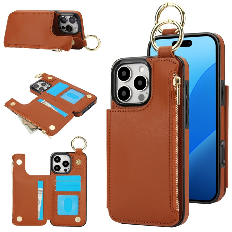 For iPhone 16 Pro Max RFlD Anti-theft Double Buckle Ring Zipper Card Phone Case(Brown) - iPhone 16 Pro Max Cases by buy2fix | Online Shopping UK | buy2fix