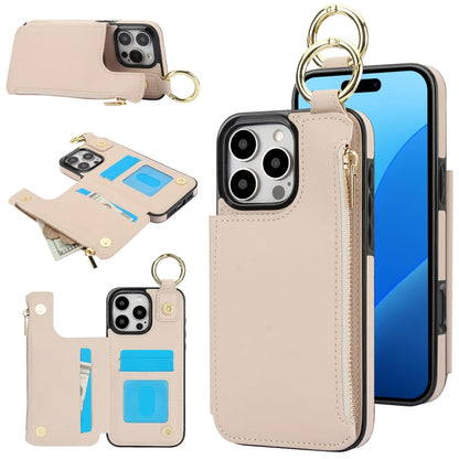 For iPhone 16 Pro RFlD Anti-theft Double Buckle Ring Zipper Card Phone Case(White) - iPhone 16 Pro Cases by buy2fix | Online Shopping UK | buy2fix