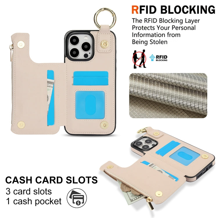 For iPhone 16 Pro RFlD Anti-theft Double Buckle Ring Zipper Card Phone Case(White) - iPhone 16 Pro Cases by buy2fix | Online Shopping UK | buy2fix