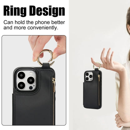 For iPhone 16 Pro RFlD Anti-theft Double Buckle Ring Zipper Card Phone Case(Black) - iPhone 16 Pro Cases by buy2fix | Online Shopping UK | buy2fix